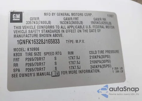 2008 Chevrolet Suburban 1500 Lt z USA, uszkodzony, nr VIN 1GNFK16328J165833